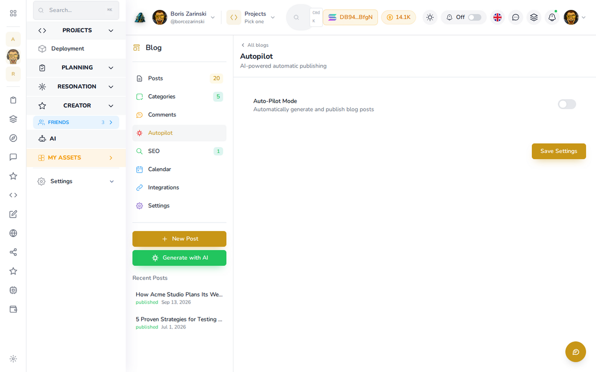 Flip Auto-Pilot Mode on and the swarm starts drafting from your shipped work.